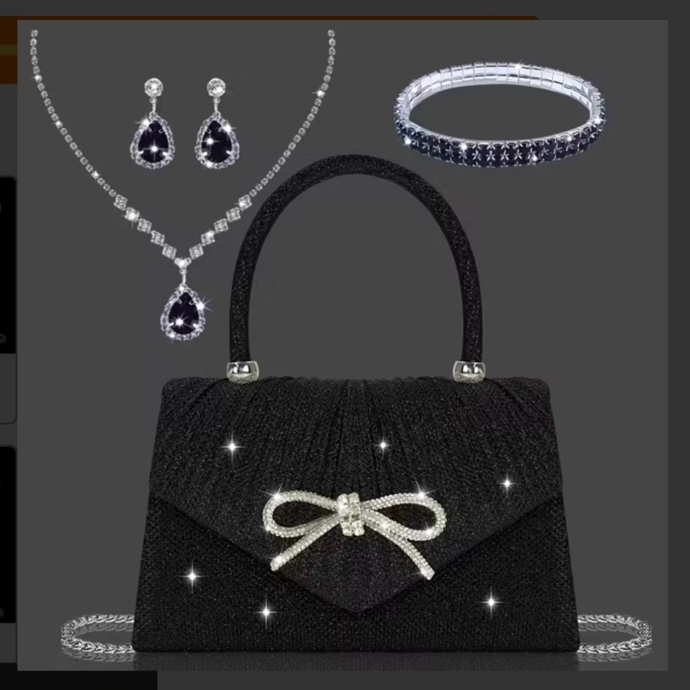 Classy Black Glitter Bow Dress Bag and Jewelry